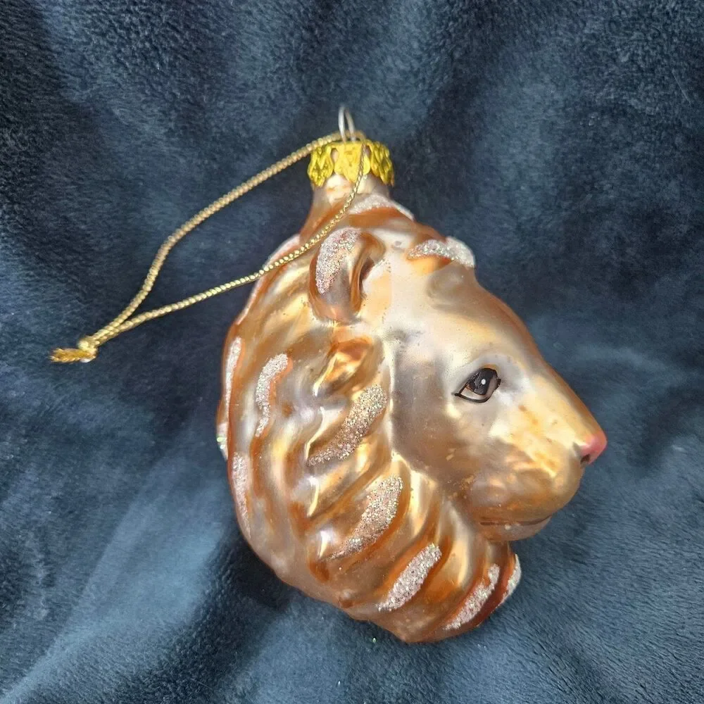 Majestic Lion Head Glass Christmas Ornament Glitter Gold Bronze Holiday Decor